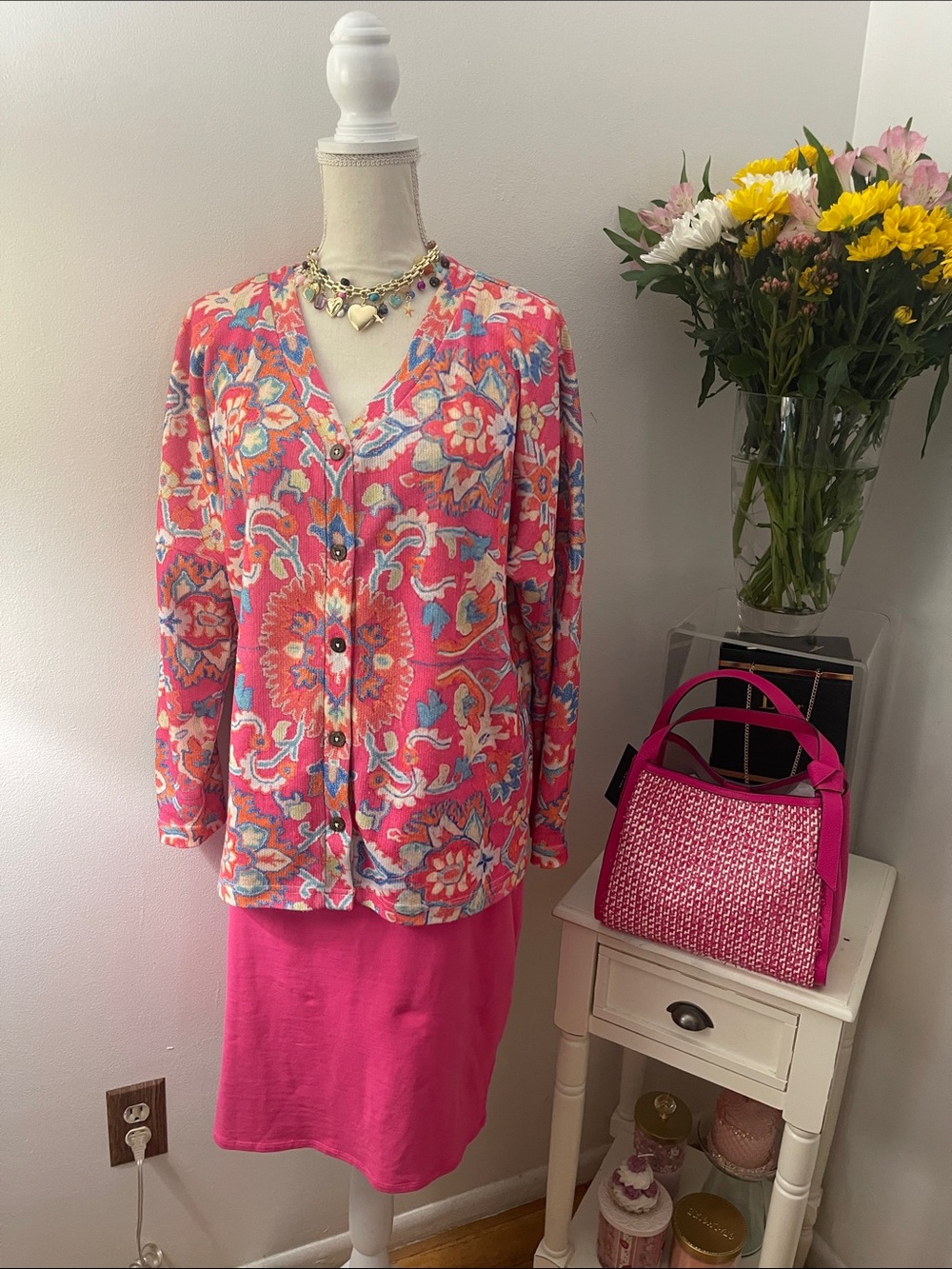 Vibrant Pink Floral Button-Front Women's Top
